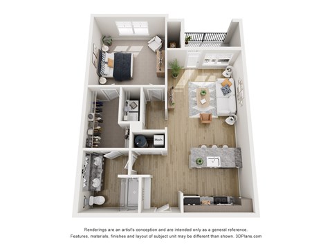 A 3D floor plan of a small apartment with a kitchen, living room, and bathroom.